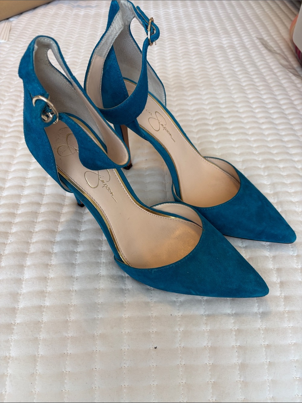 Jessica Simpson Teal Pointed-Toe Suede Ankle-Strap Heels - Picture 2 of 3